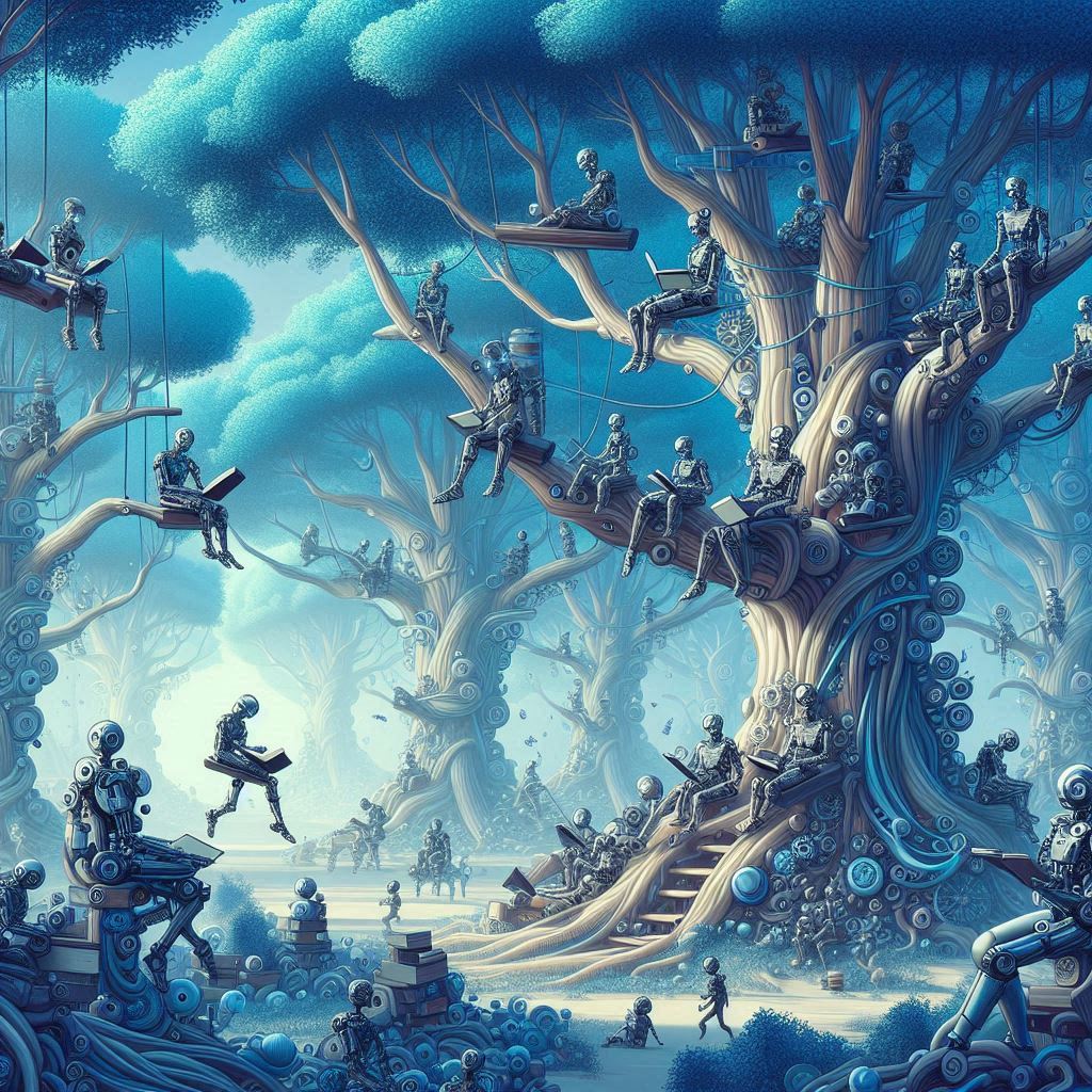 blue trees and robots